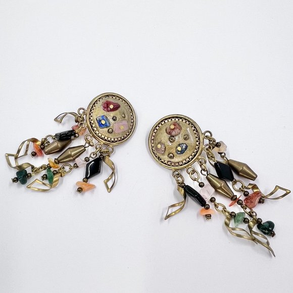 NWOT - BOHO Artisan Natural Stone & Antiqued Gold Tone Dangle Clip-On Earrings - Picture 7 of 7